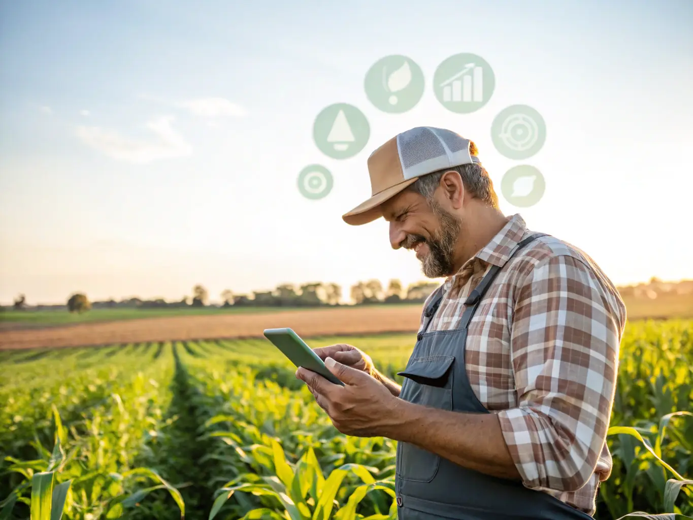 A farmer smiling while looking at a yield forecast graph on their smartphone, powered by NeoBi Agriculture's predictive analytics.